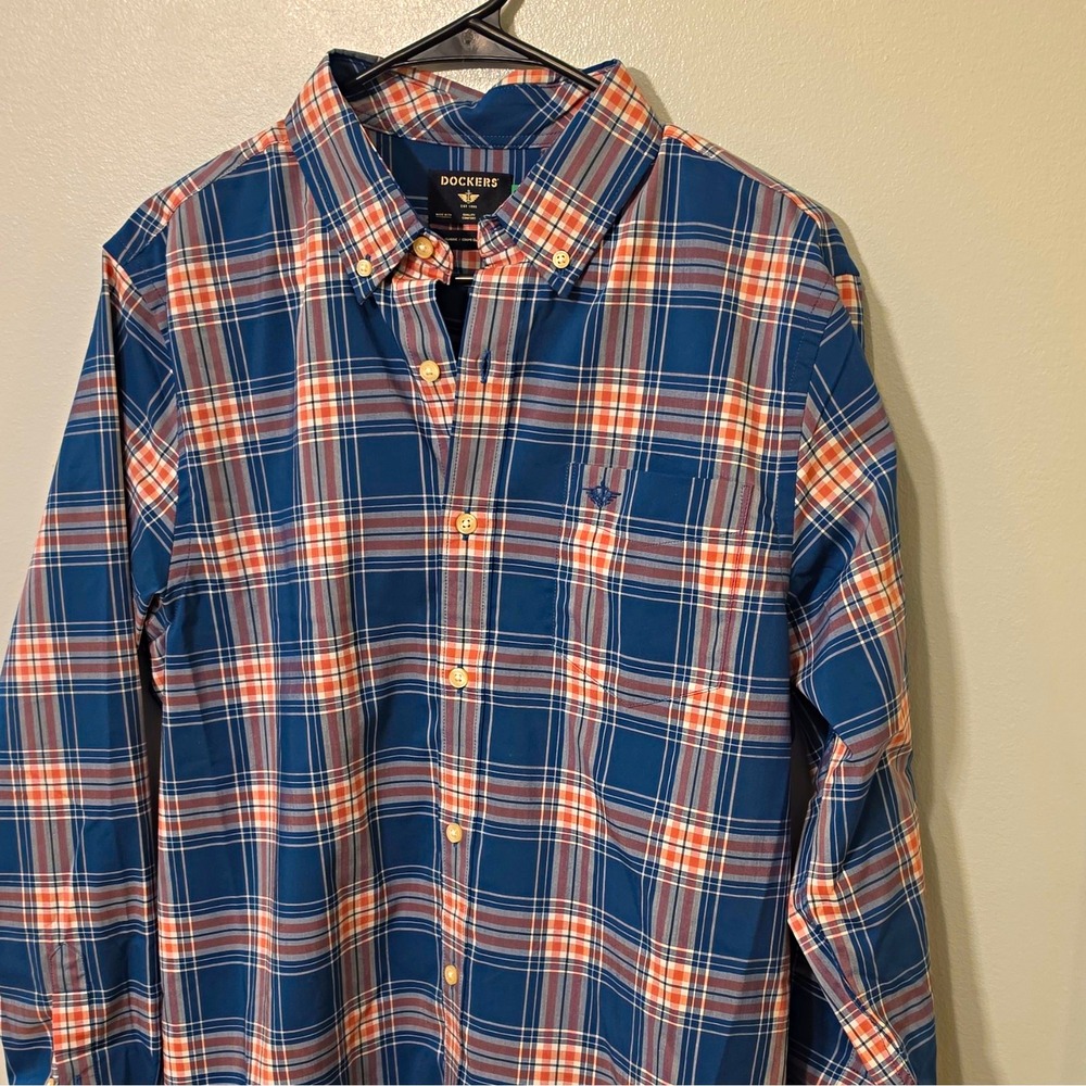 Dockers Men's Woven Cotton Plaid LS Button-Down Shirt Pockets M Blue #191